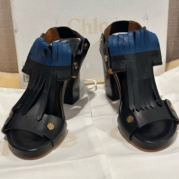 Chloe Black Leather Fringes Block Heel Sandals Size 38 - Picture 3 of 13